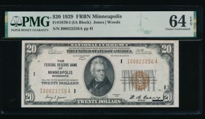 1929 $20 Minneapolis FRBN PMG 64EPQ. One 1929 $20 Minneapolis FRBN PMG 64EPQ.