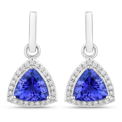 14KT White Gold 3.86ctw Tanzanite and White Diamond Earrings. Tanzanite Trillion/8.00mm - 2/3.48 