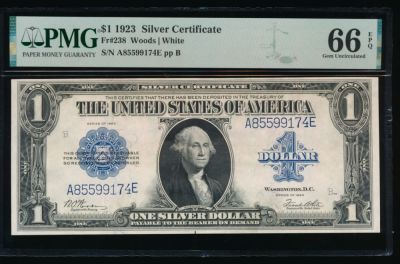 1923 $1 Silver Certificate PMG 66EPQ. One 1923 $1 Silver Certificate PMG 66EPQ.