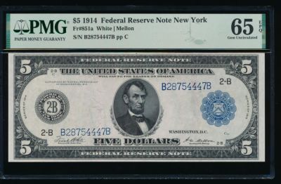 1914 $5 New York Federal Reserve Note PMG 65EPQ. One 1914 $5 New York Federal Reserve Note PMG 65EPQ.