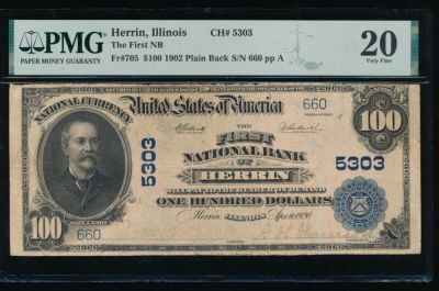 1902 $100 Herrin IL National PMG 20. One 1902 $100 Herrin IL National PMG 20.