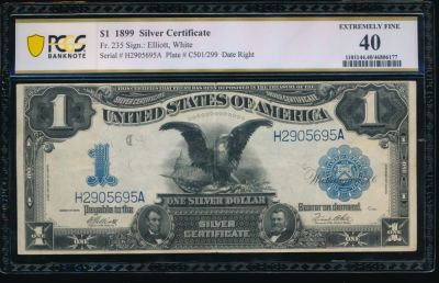 1899 $1 Black Eagle Silver Certificate PCGS 40. One 1899 $1 Black Eagle Silver Certificate PCGS 40.