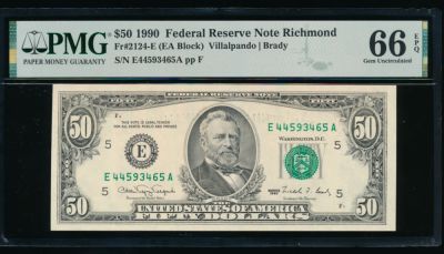 1990 $50 Philadelphia FRN PMG 66EPQ. One 1990 $50 Philadelphia FRN PMG 66EPQ.