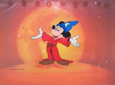 1988 Sorcerer Fantasia Sericel. Disney Mickey Mouse. Size is 8 inches by 11 inches. Comes unframed.