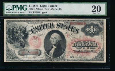 1875 $1 Legal Tender Note PMG 20. One 1875 $1 Legal Tender Note PMG 20.