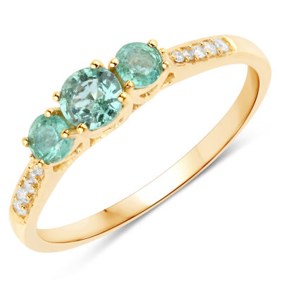 14KT Yellow Gold 0.48ctw Zambian Emerald and White Diamond Ring. Zambian Emerald Round/4.00mm - 