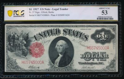 1917 $1 Legal Tender Note PCGS 53. One 1917 $1 Legal Tender Note PCGS 53.