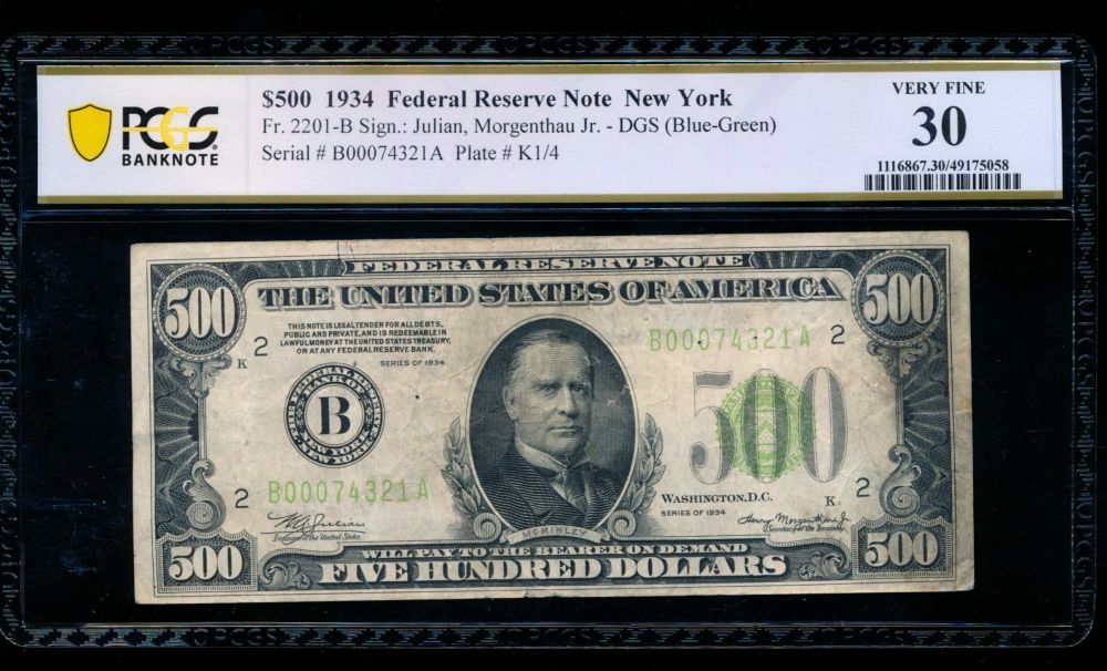 1934 $500 New York FRN PCGS 30. One 1934 $500 New York FRN PCGS 30.