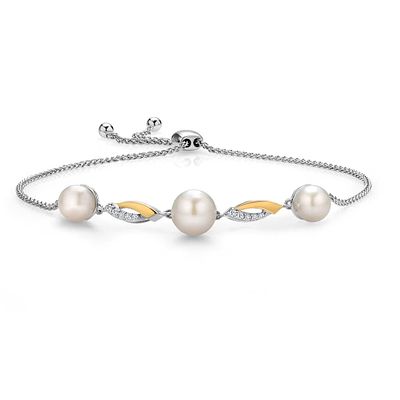10KT Yellow Gold and Sterling Silver Fresh Water Pearl and Lab Diamond Bracelet. This two‑tone 