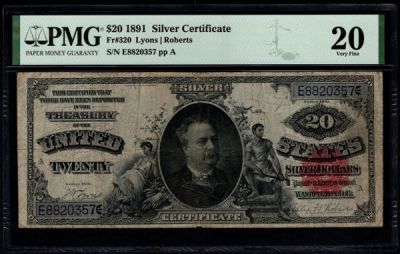 1891 $20 Silver Certificate PMG 20. ESTIMATE: $2400.00-$2600.00. One 1891 $20 Silver Certificate 