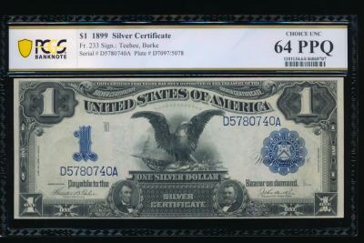 1899 $1 Black Eagle Silver Certificate PCGS 64PPQ. ESTIMATE: $1200.00-$1300.00. One 1899 $1 