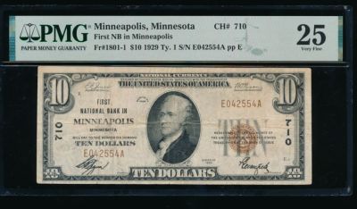 1929 $10 Minneapolis MN National PMG 25. ESTIMATE: $225.00-$250.00. One 1929 $10 Minneapolis MN 