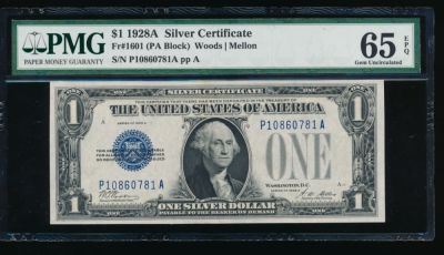 1928A $1 Silver Certificate PMG 65EPQ. ESTIMATE: $250.00-$300.00. One 1928A $1 Silver 