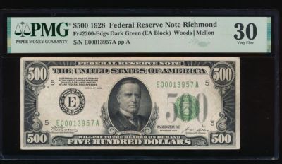 1928 $500 Richmond FRN PMG 30. ESTIMATE: $3300.00-$3500.00. One 1928 $500 Richmond FRN PMG 30.