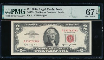1963A $2 Legal Tender Note PMG 67EPQ. ESTIMATE: $140.00-$150.00. One 1963A $2 Legal Tender Note 