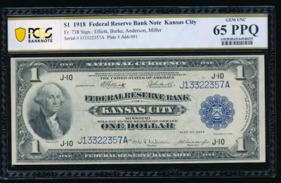 1918 $1 Kansas City FRBN PCGS 65PPQ. ESTIMATE: $1600.00-$1700.00. One 1918 $1 Kansas City FRBN 