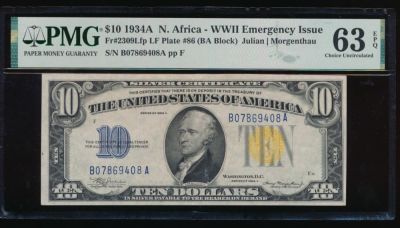 1934A $10 N Africa Silver Certificate PMG 63EPQ. ESTIMATE: $950.00-$1000.00. One 1934A $10 N 