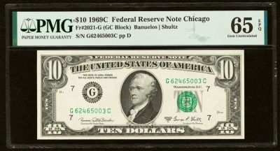 1969C $10 Chicago FRN PMG 65EPQ. ESTIMATE: $140.00-$150.00. One 1969C $10 Chicago FRN PMG 65EPQ.