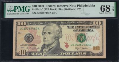 2009 $10 Philadelphia FRN PMG 68EPQ. ESTIMATE: $250.00-$275.00. One 2009 $10 Philadelphia FRN 