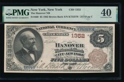 1882 $5 New York NY National PMG 40. ESTIMATE: $1600.00-$1700.00. One 1882 $5 New York NY 