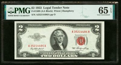1953 $2 Legal Tender Note PMG 65EPQ. ESTIMATE: $140.00-$150.00. One 1953 $2 Legal Tender Note 