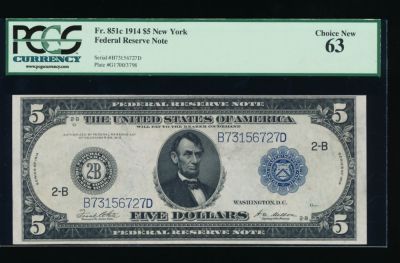 1914 $5 New York FRN PCGS 63. ESTIMATE: $650.00-$700.00. One 1914 $5 New York FRN PCGS 63.