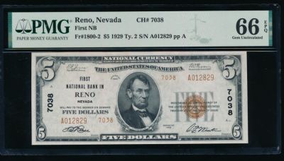 1929 $5 Reno NV National PMG 66EPQ. ESTIMATE: $1900.00-$2000.00. One 1929 $5 Reno NV National 