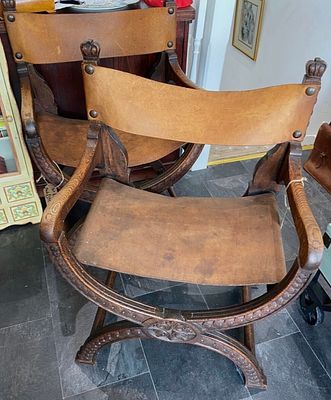Pair of antique Savonarola chairs with leather seat and back, BUYER TO COLLECT