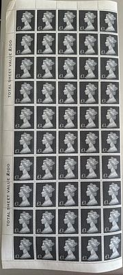 Rare block of 50 mint stamps x �1 half sheet SG790 GB QE II Large format, large value cylinder 
