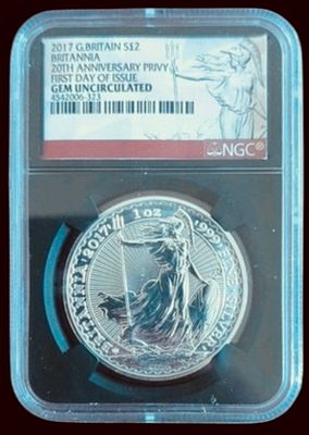 Rare slabbed 2017 Fine silver Britannia coin, 20th anni. privy