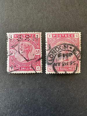 GB QV 2 x rose red Five shillings 5/- stamps consisting of perfin and other having a good 