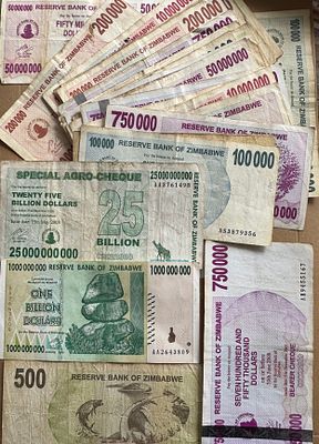 c. 37 circulated banknotes of Zimbabwe, some duplication. from 500 to $25 billion
