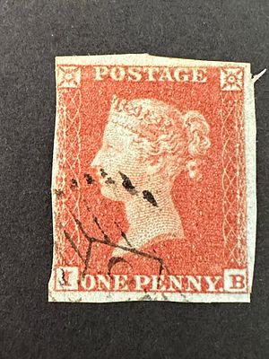 UK GB QV 1840 One penny red stars stamp, imperforate on bluish paper