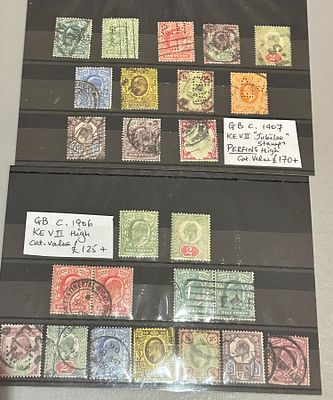 GB KEVII early used stamps selection including perfins, pairs