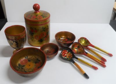 Hand painted, Eastern European papier Mache kitchen items (Qty)
