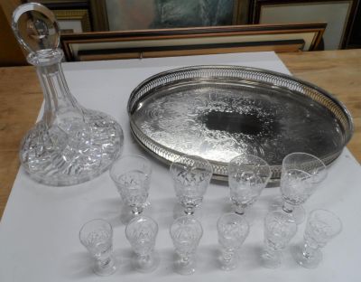 Fine quality silver plate, oval drinks tray with a cut glass ships decanter and associated cut 