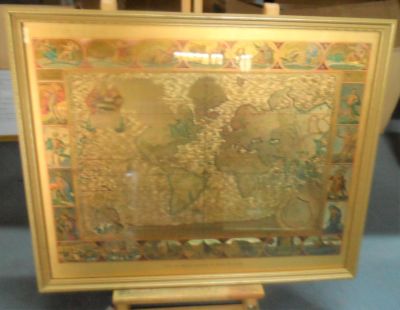 Fine quality, late 20thC framed map of the world under golden tinting bordered by 17thC cartouches