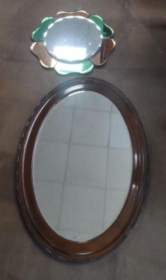 Coloured glass, flower-head Art Deco style mirror together with an oval mirror (2)