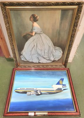 Oil painting of an aeroplane together with a print of a lady in an evening gown, both framed (2)