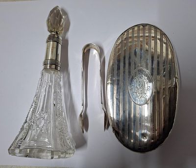 Hallmarked Silver Collared Scent Bottle together with a pair of hallmarked Birmingham silver 