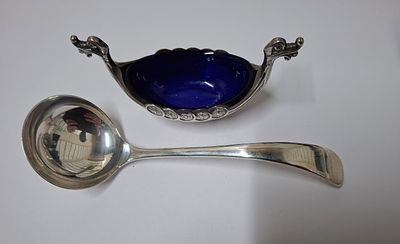 Edward Viner Sheffoeld silver hallmarked small ladle together with a Norway silver salt in the 