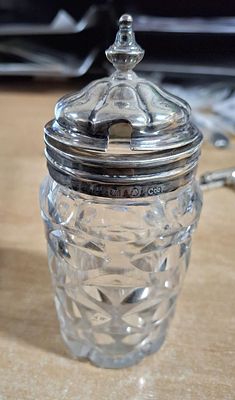 Hallmarked English silver & glass preserve pot,