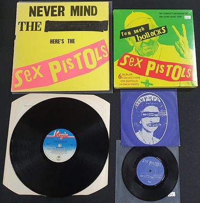 Three Sex Pistols records including "Never mind the Bollocks", 10" Bollocks 6 album set factory 