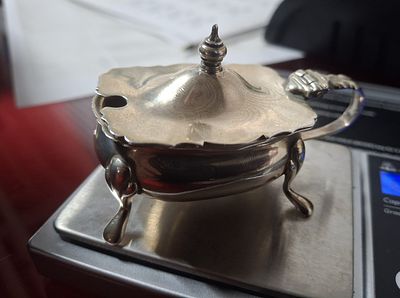 Antique hallmarked (marks partially rubbed) mustard pot with blue glass liner (silver weight 45 
