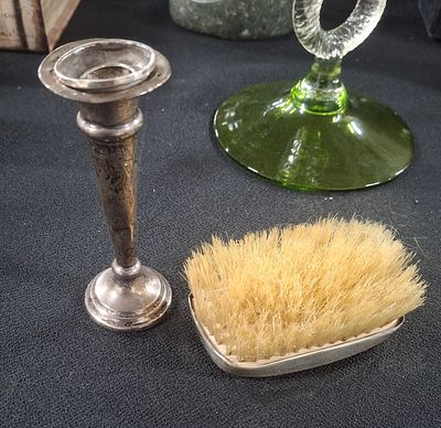 Small silver bud vase with weighted base together with a hallmarked silver covered brush (2)