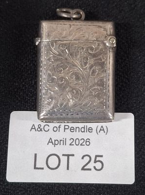 Antique Birmingham hallmarked silver vesta, extensively engraved to both sides