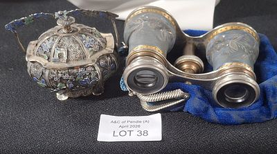 Pair of vintage Opera glasses together with a stunning white filigree metal and enamel lidded 