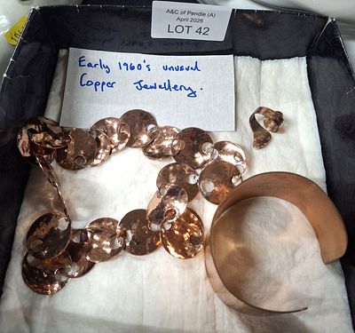 Trio set of vintage copper jewellery consisting of a large necklace, bangle and ring