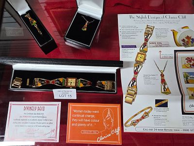 Clarice Cliff, Silver &amp; 18ct. Plated art-deco design 3-piece set - wristwatch, bracelet 