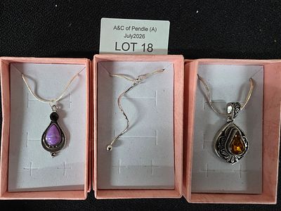 Three 925 necklaces, two with pear drop pendants &amp; one with a twisted bar &amp; ball pendant (3)